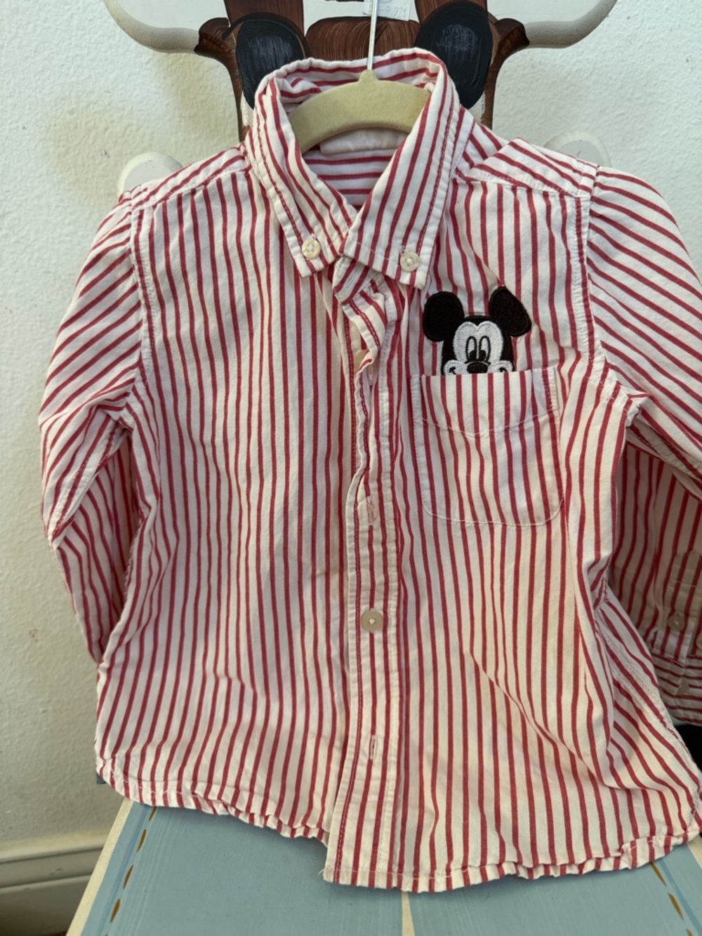 GAP Disney Red and White Striped Button-Down Shirt with Character Pocket